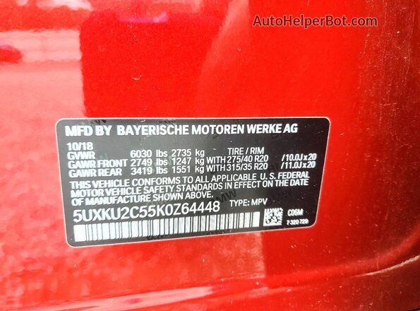 5UXKU2C55K0Z64448 2019 BMW X6 Красный Вид наклейки с VIN-кодом
