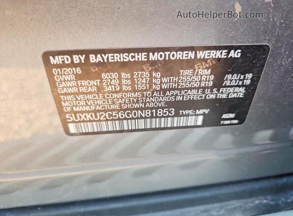 5UXKU2C56G0N81853 2016 BMW X6 Silver Вид наклейки з VIN-кодом