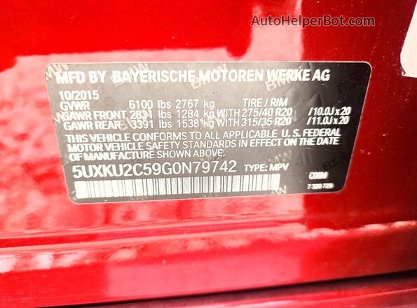 5UXKU2C59G0N79742 2016 BMW X6 Red VIN კოდის სტიკერის ხედი