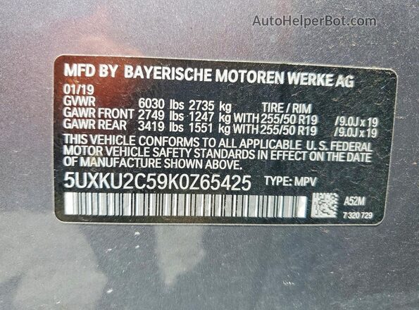 5UXKU2C59K0Z65425 2019 BMW X6 Gray Widok naklejki z numerem VIN
