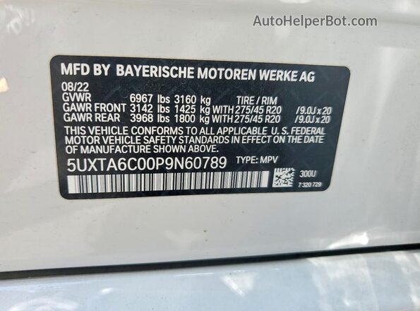 5UXTA6C00P9N60789 2023 BMW X5 Белый Вид наклейки с VIN-кодом
