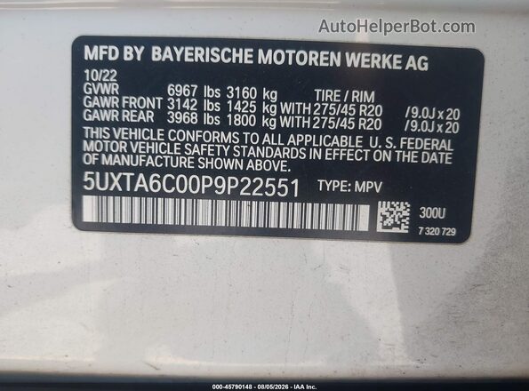 5UXTA6C00P9P22551 2023 BMW X5 White Engine compartment view