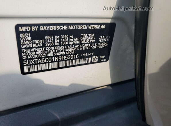 5UXTA6C01N9H53016 2022 BMW X5 White Սալոնի 360 աստիճան տեսք