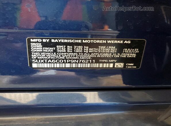 5UXTA6C01P9N76211 2023 BMW X5 Blue Панорамний вид салону 360°
