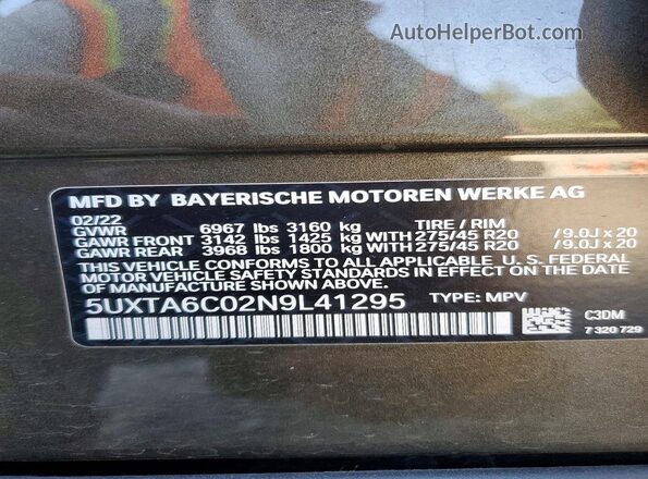5UXTA6C02N9L41295 2022 BMW X5 Green Widok naklejki z numerem VIN