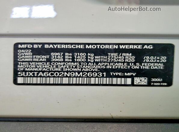 5UXTA6C02N9M26931 2022 BMW X5 Белый Вид наклейки с VIN-кодом