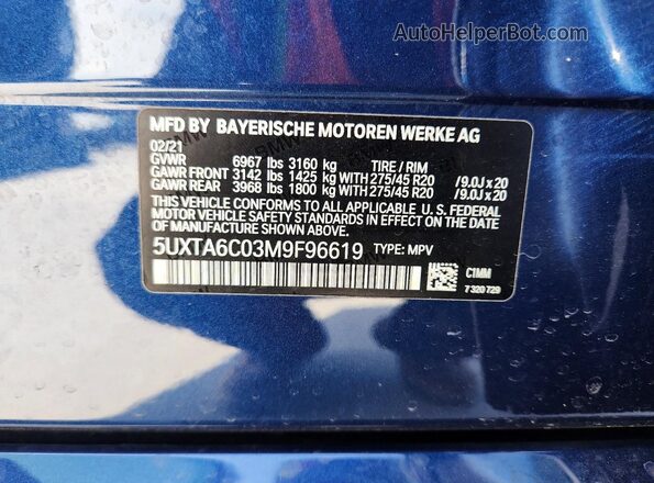 5UXTA6C03M9F96619 2021 BMW X5 Blue VIN კოდის სტიკერის ხედი