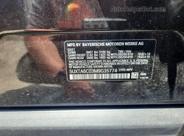 5UXTA6C03M9G35774 2021 BMW X5 Угольный Вид наклейки с VIN-кодом