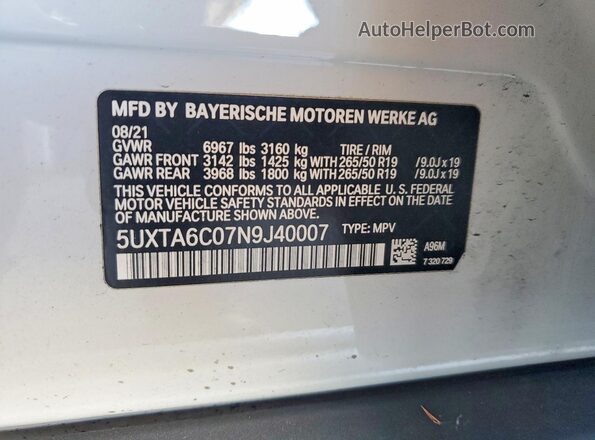5UXTA6C07N9J40007 2022 BMW X5 White VIN sticker view
