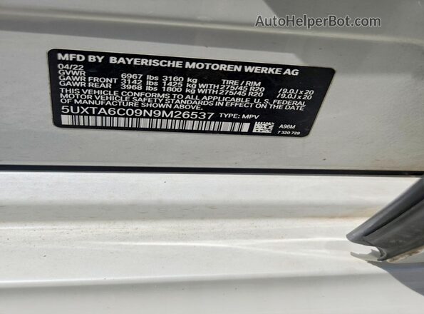 5UXTA6C09N9M26537 2022 BMW X5 Белый Вид наклейки с VIN-кодом