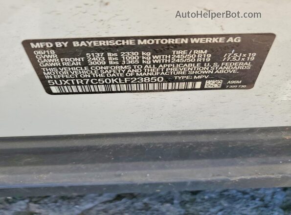 5UXTR7C50KLF23850 2019 BMW X3 White VIN კოდის სტიკერის ხედი