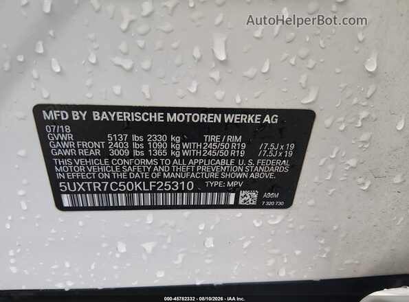 5UXTR7C50KLF25310 2019 BMW X3 White Widok komory silnika