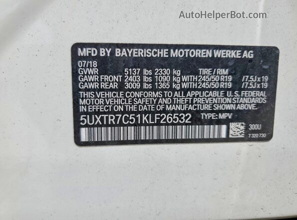 5UXTR7C51KLF26532 2019 BMW X3 White Vista del compartimento del motor