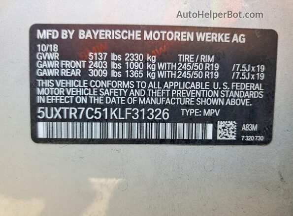 5UXTR7C51KLF31326 2019 BMW X3 Silver Widok naklejki z numerem VIN