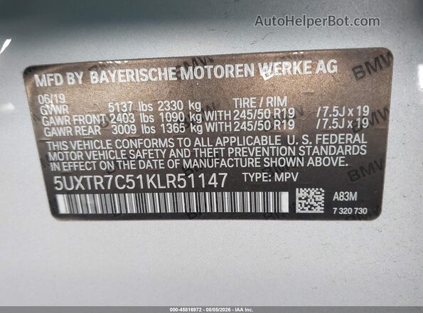 5UXTR7C51KLR51147 2019 BMW X3 Silver ძრავის განყოფილების ხედი