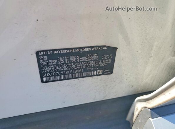 5UXTR7C52KLF28161 2019 BMW X3 White Вид підкапотного простору