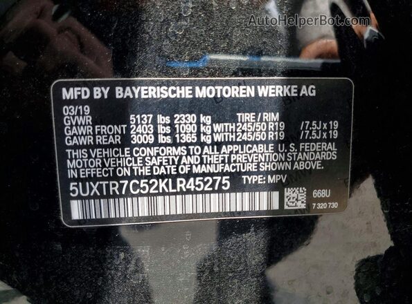 5UXTR7C52KLR45275 2019 BMW X3 Black Vista de la etiqueta del VIN