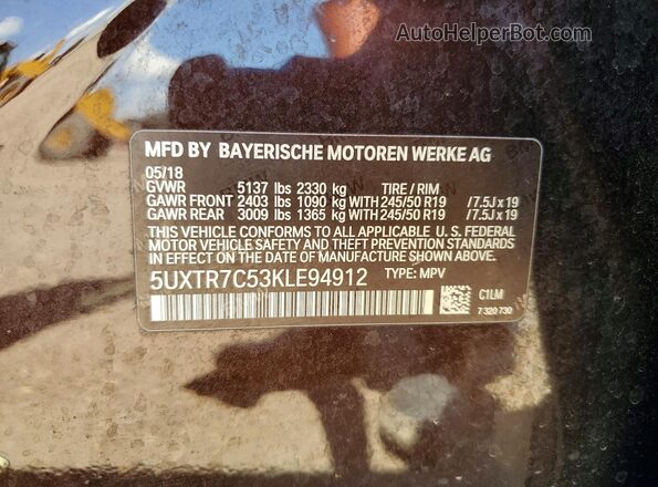 5UXTR7C53KLE94912 2019 BMW X3 Burgundy VIN კოდის სტიკერის ხედი