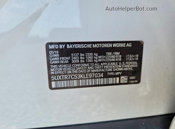 5UXTR7C53KLE97034 2019 BMW X3 White Widok wnętrza 360 stopni