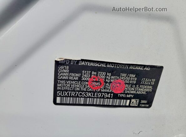 5UXTR7C53KLE97941 2019 BMW X3 White VIN კოდის სტიკერის ხედი