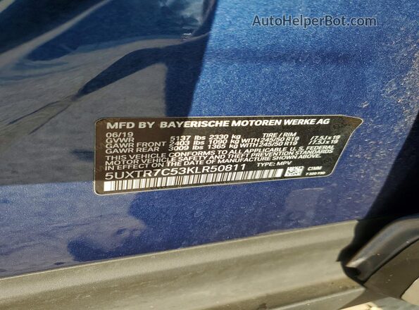5UXTR7C53KLR50811 2019 BMW X3 Blue Սալոնի 360 աստիճան տեսք