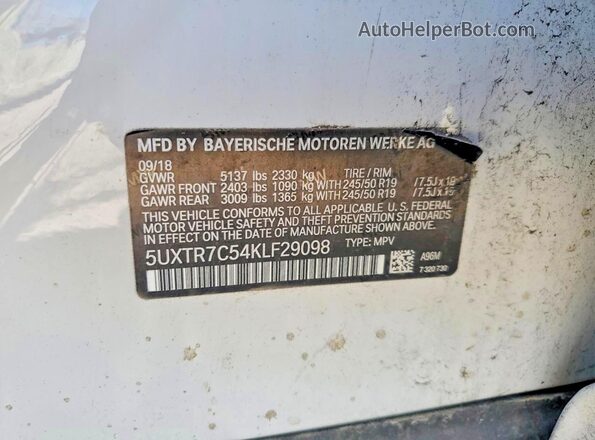 5UXTR7C54KLF29098 2019 BMW X3 White Widok naklejki z numerem VIN