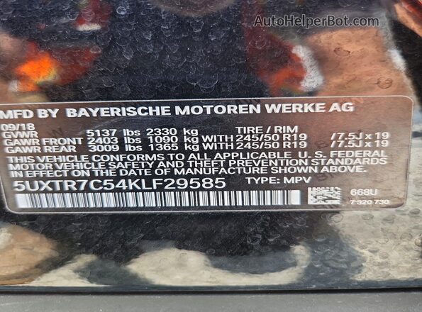5UXTR7C54KLF29585 2019 BMW X3 Black სალონის 360-გრადუსიანი ხედი