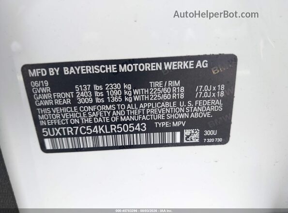5UXTR7C54KLR50543 2019 BMW X3 White Vista del compartimento del motor