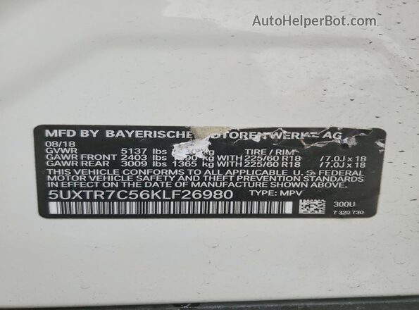 5UXTR7C56KLF26980 2019 BMW X3 White VIN კოდის სტიკერის ხედი
