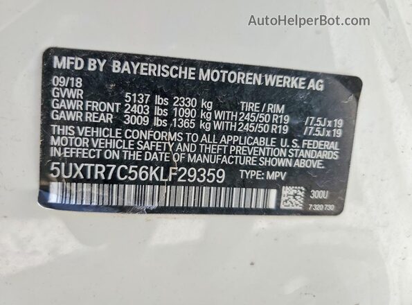 5UXTR7C56KLF29359 2019 BMW X3 White ძრავის განყოფილების ხედი