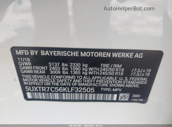 5UXTR7C56KLF32505 2019 BMW X3 White Вид підкапотного простору