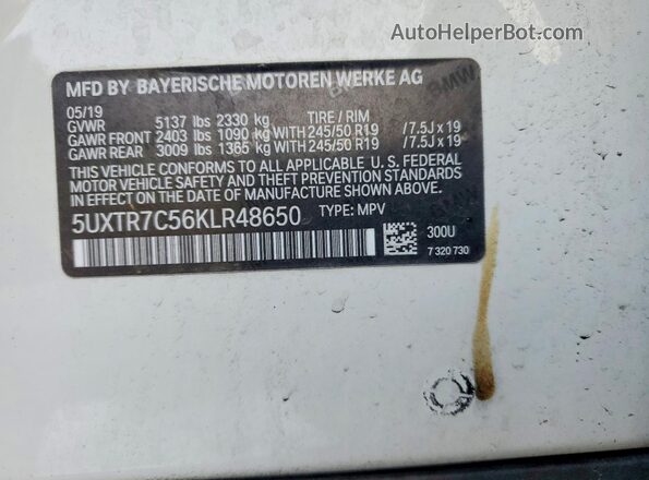 5UXTR7C56KLR48650 2019 BMW X3 White Vista del compartimento del motor