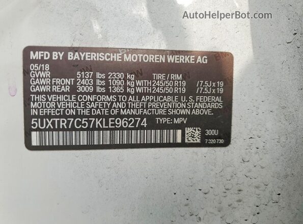 5UXTR7C57KLE96274 2019 BMW X3 Белый Вид наклейки с VIN-кодом