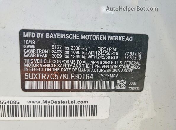 5UXTR7C57KLF30164 2019 BMW X3 White Սալոնի 360 աստիճան տեսք