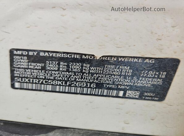 5UXTR7C58KLF26916 2019 BMW X3 White VIN კოდის სტიკერის ხედი