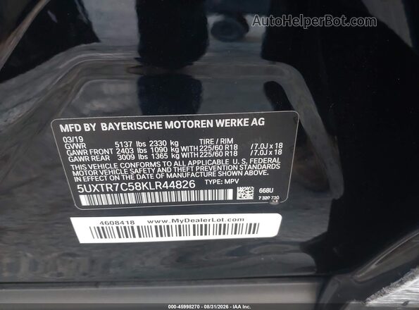 5UXTR7C58KLR44826 2019 BMW X3 Black Widok komory silnika