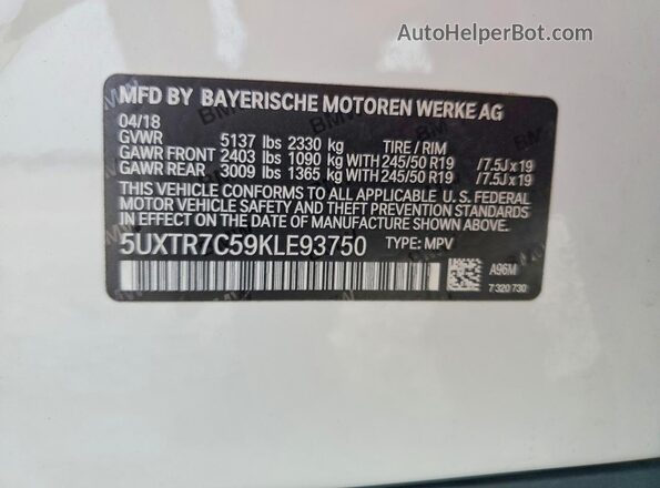 5UXTR7C59KLE93750 2019 BMW X3 White Widok naklejki z numerem VIN