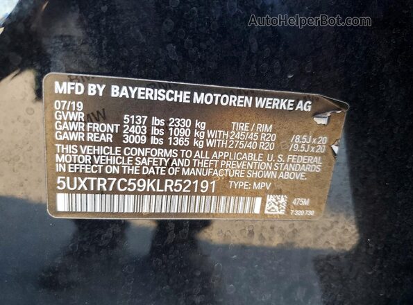 5UXTR7C59KLR52191 2019 BMW X3 Black Vista de la etiqueta del VIN