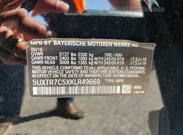 5UXTR7C5XKLR49669 2019 BMW X3 Черный Вид наклейки с VIN-кодом