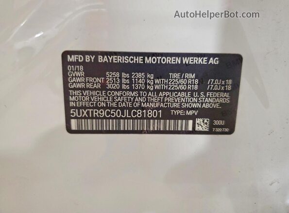 5UXTR9C50JLC81801 2018 BMW X3 White Widok wnętrza 360 stopni