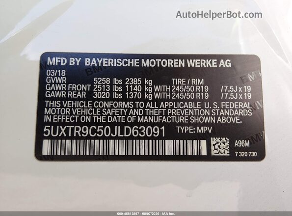 5UXTR9C50JLD63091 2018 BMW X3 White Widok komory silnika