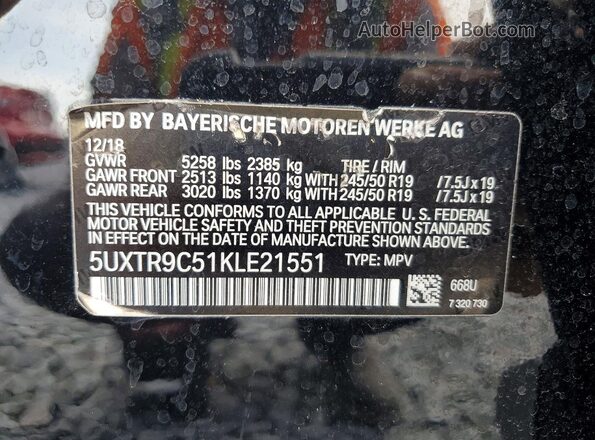 5UXTR9C51KLE21551 2019 BMW X3 Black VIN კოდის სტიკერის ხედი