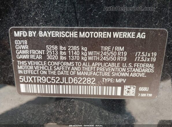 5UXTR9C52JLD62282 2018 BMW X3 Black Widok komory silnika