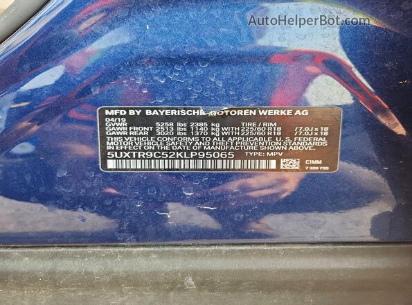 5UXTR9C52KLP95065 2019 BMW X3 Blue Vista de la etiqueta del VIN