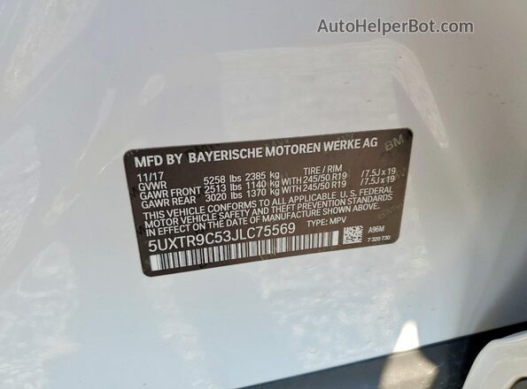 5UXTR9C53JLC75569 2018 BMW X3 White VIN կոդի պիտակի տեսք