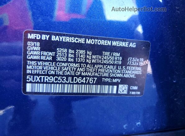 5UXTR9C53JLD64767 2018 BMW X3 Blue ძრავის განყოფილების ხედი