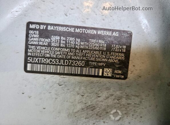 5UXTR9C53JLD73260 2018 BMW X3 Silver Widok naklejki z numerem VIN