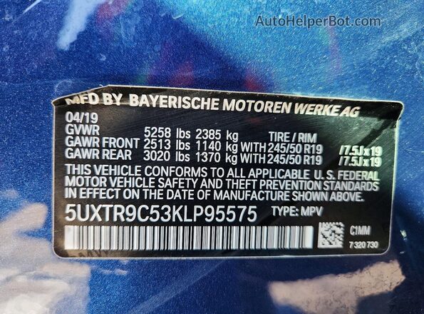 5UXTR9C53KLP95575 2019 BMW X3 Blue Vista interior de 360 grados