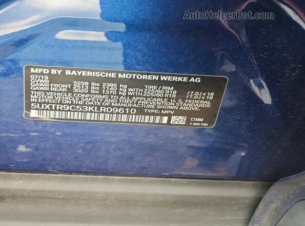 5UXTR9C53KLR09610 2019 BMW X3 Blue Vista de la etiqueta del VIN