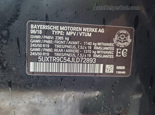 5UXTR9C54JLD72893 2018 BMW X3 Black VIN კოდის სტიკერის ხედი